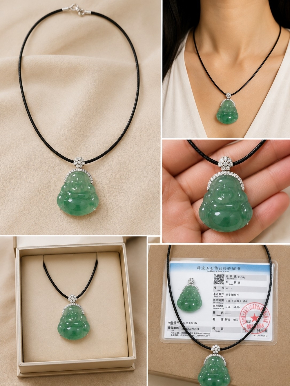 Green Jade Buddha Pendant Necklace on Black Cord